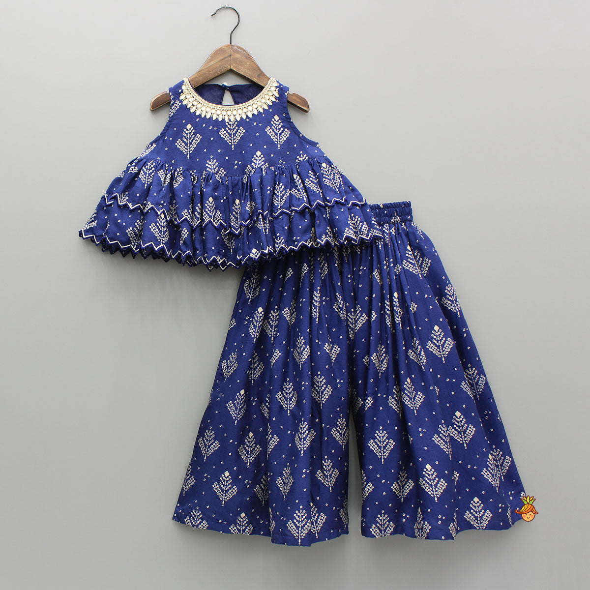 Blue Printed Embroidered Layered Top And Flared Palazzo
