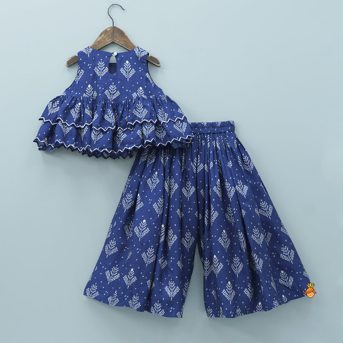 Blue Printed Embroidered Layered Top And Flared Palazzo