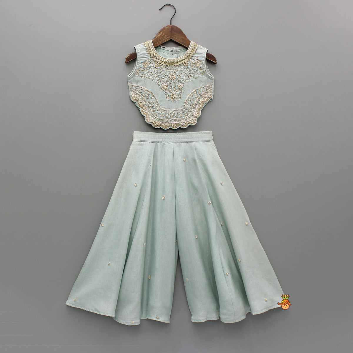 Embroidered Scalloped Detail Top And Flared Palazzo With Dupatta