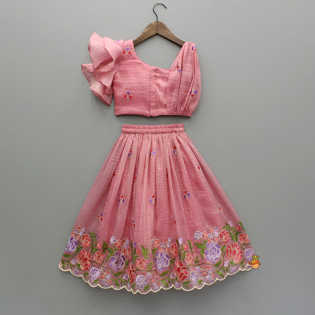Pink One-Shoulder Pleated Drape Top With Floral Embroidered Lehenga And Net Dupatta