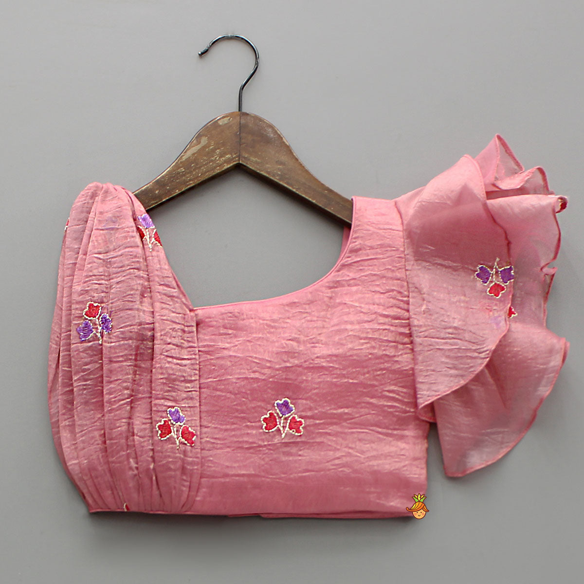 Pink One-Shoulder Pleated Drape Top With Floral Embroidered Lehenga And Net Dupatta