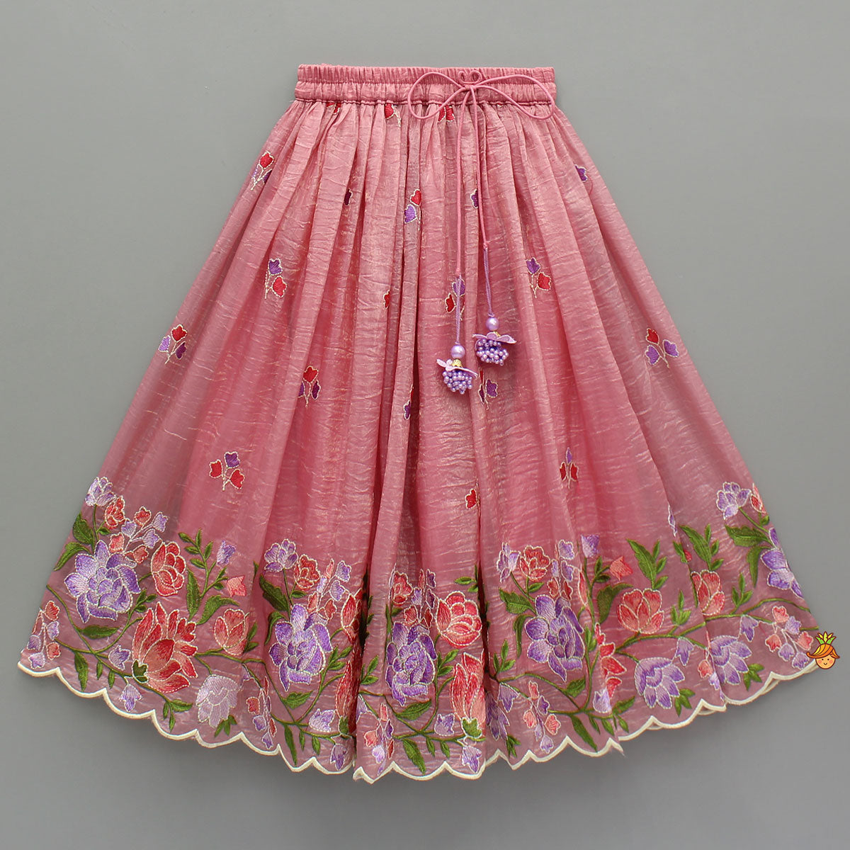 Pink One-Shoulder Pleated Drape Top With Floral Embroidered Lehenga And Net Dupatta