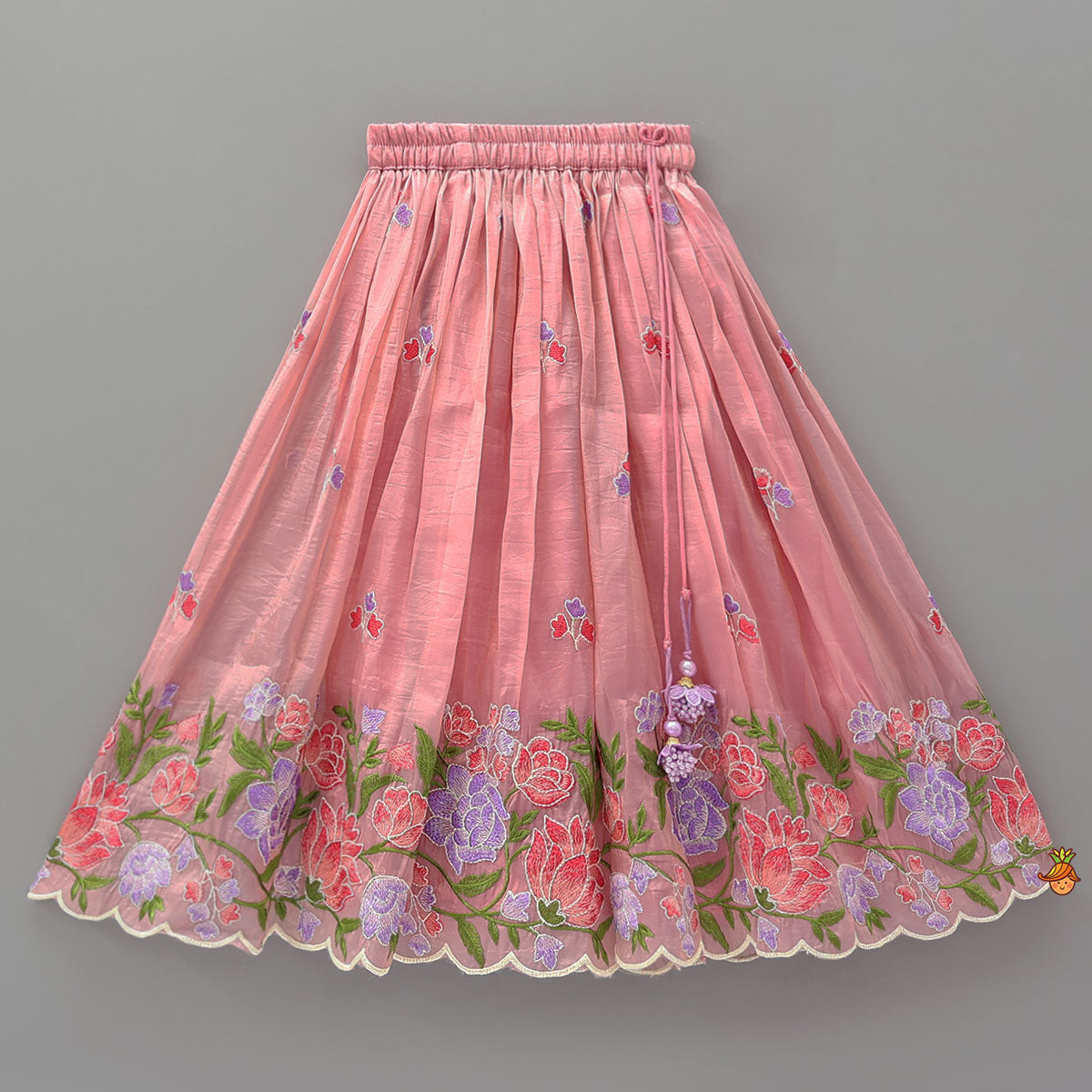 Pink One-Shoulder Pleated Drape Top With Floral Embroidered Lehenga And Net Dupatta