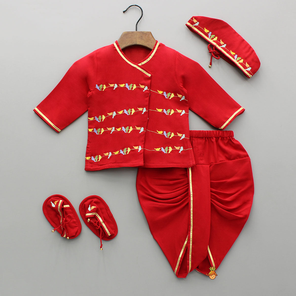 Multicolour Bird Embroidered Kurta And Dhoti With Matching Cap And Booties