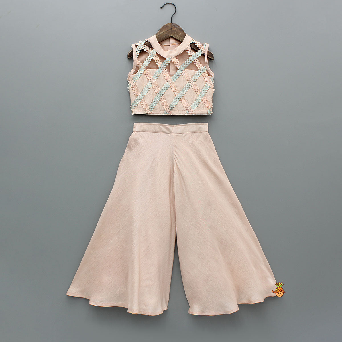 Peach Sequin Embroidered Lace Detailed Top And Umbrella Style Flared Palazzo
