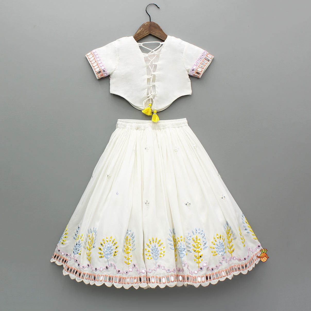 Faux Mirror Embellished Off White Top And Flared Lehenga