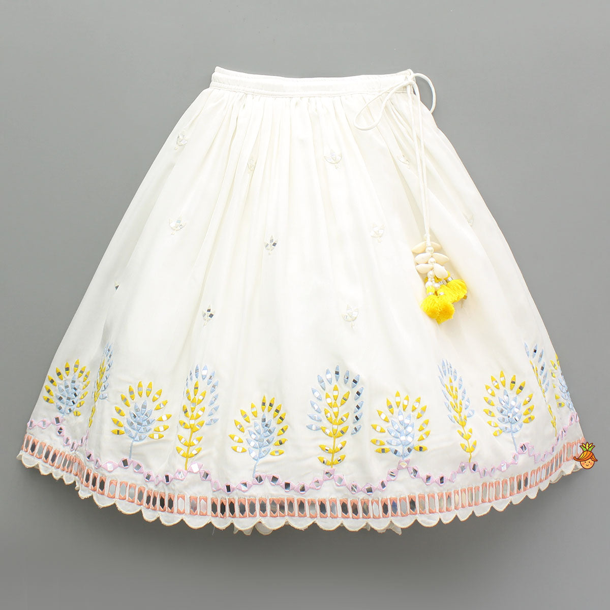 Faux Mirror Embellished Off White Top And Flared Lehenga