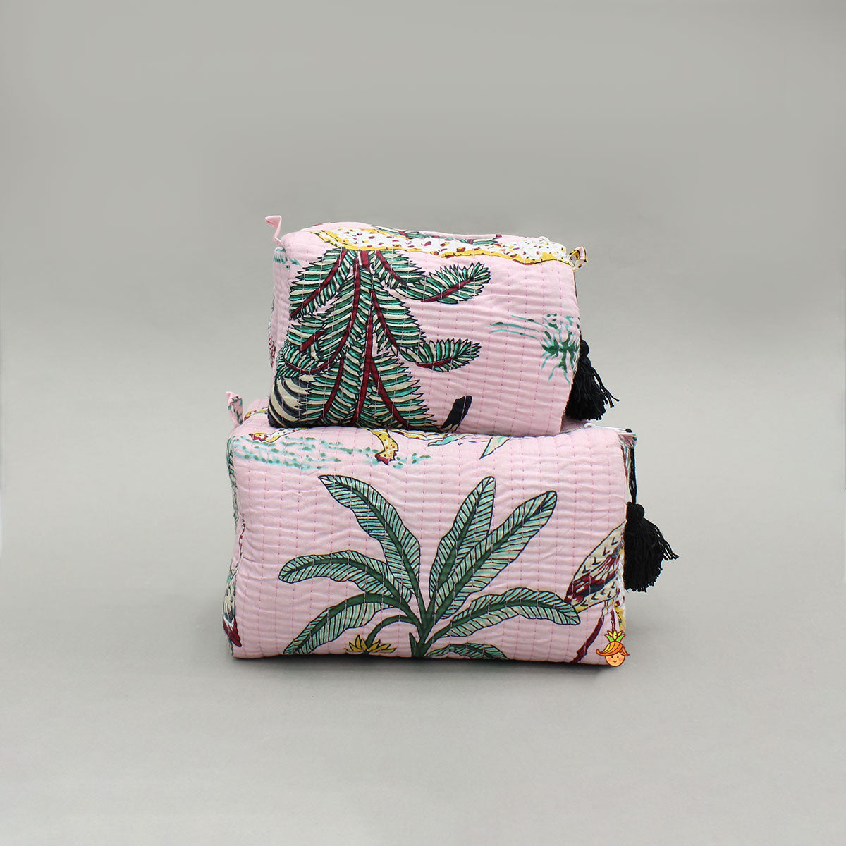 Jungle-Themed Printed Pink Pouch Bags - Set Of 2