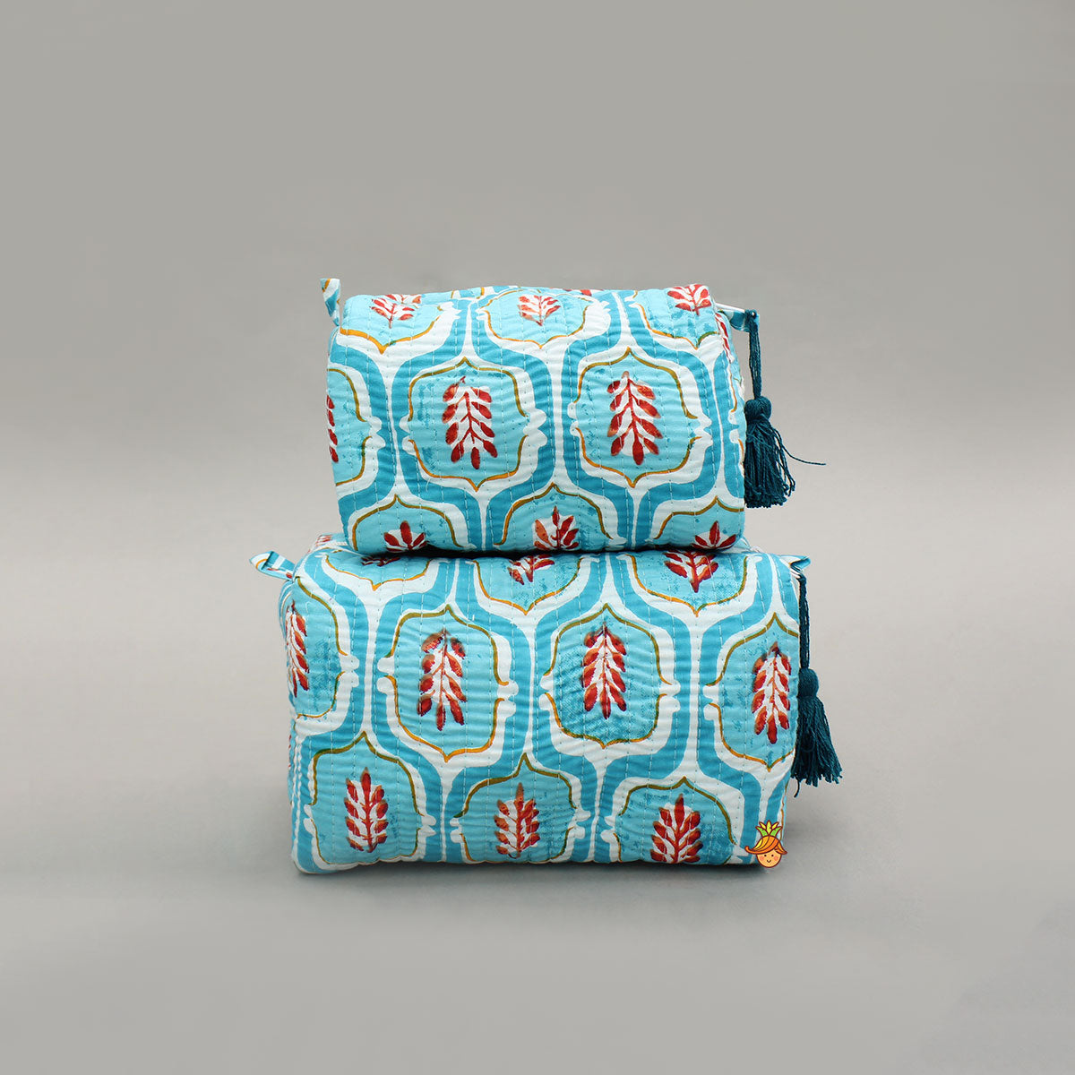 Elegant Blue Block-Printed Pouch Bags - Set Of 2