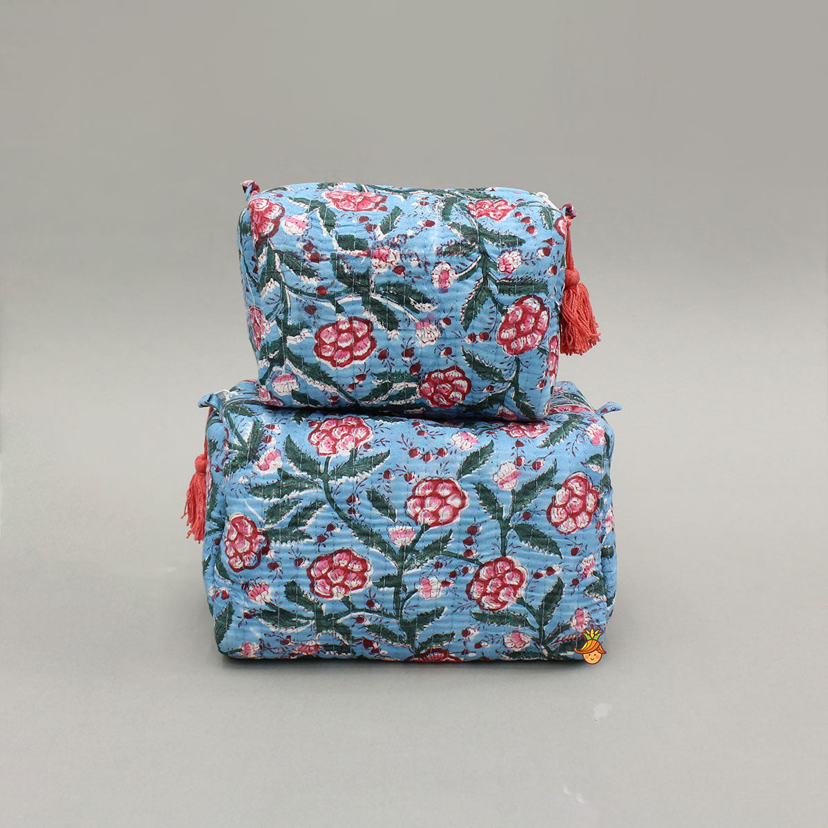 Blooming Flowers Block-Printed Blue Pouch Bags - Set Of 2