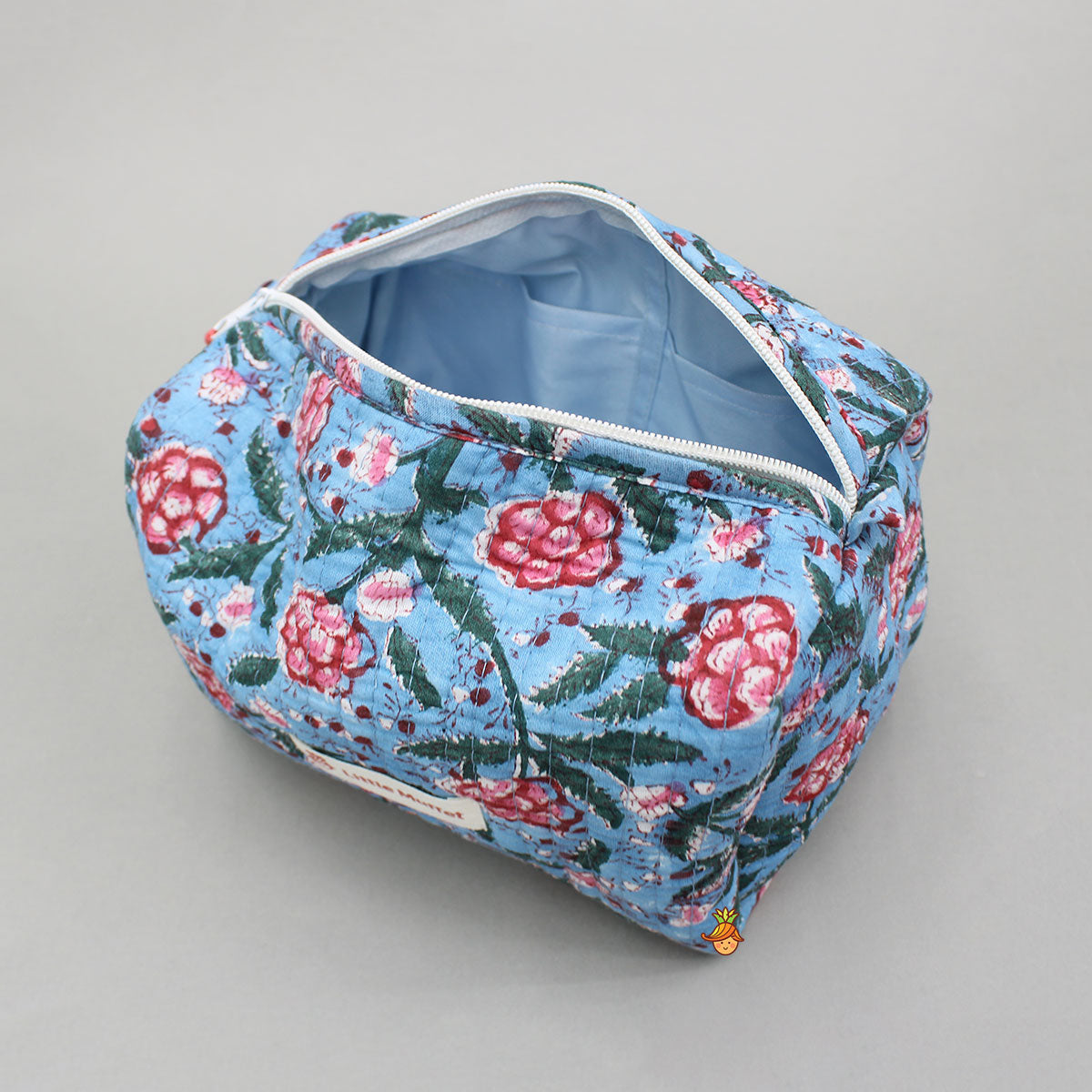 Blooming Flowers Block-Printed Blue Pouch Bags - Set Of 2