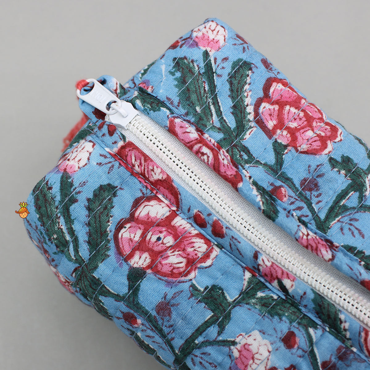 Blooming Flowers Block-Printed Blue Pouch Bags - Set Of 2