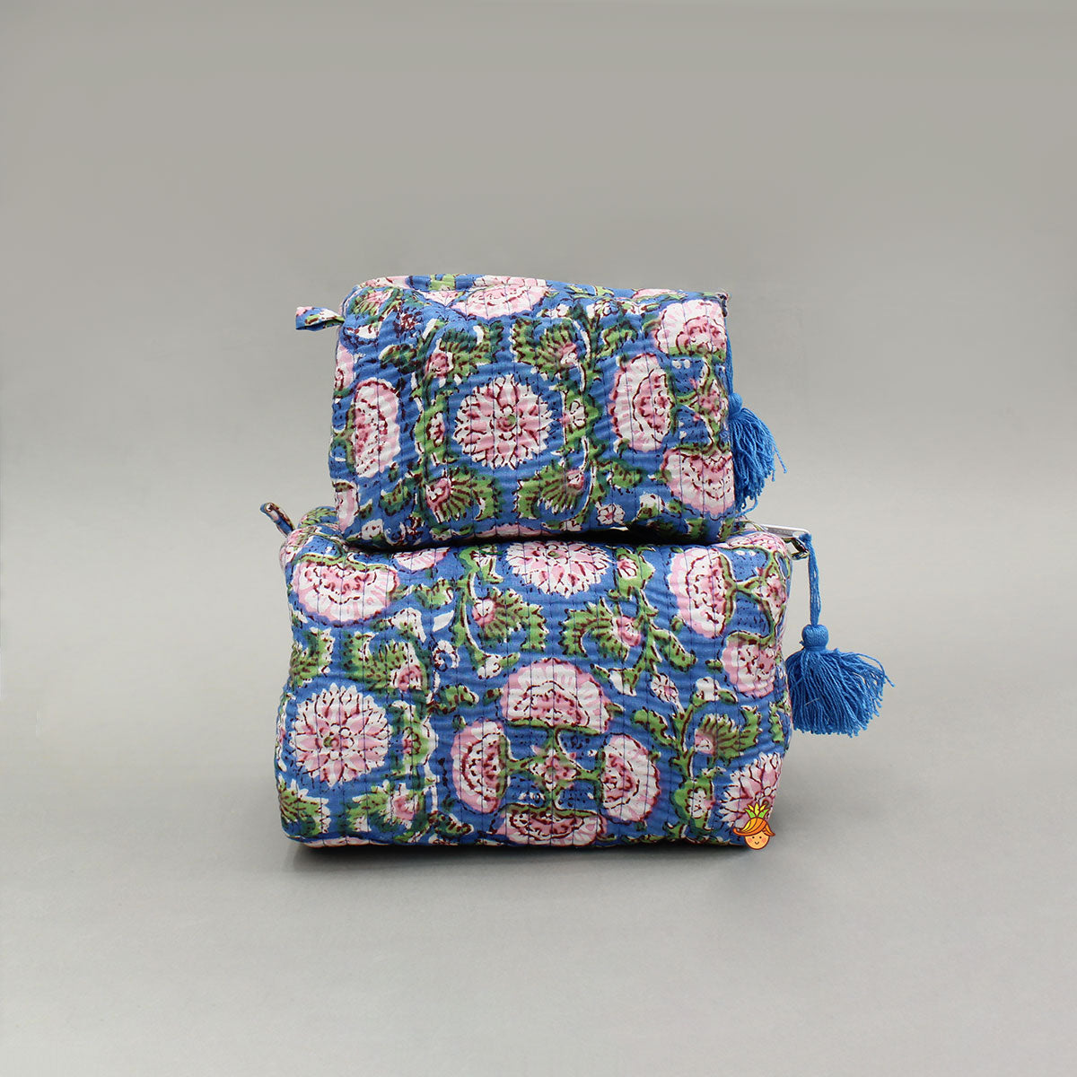 Floral Block-Printed Pouch Bags - Set Of 2