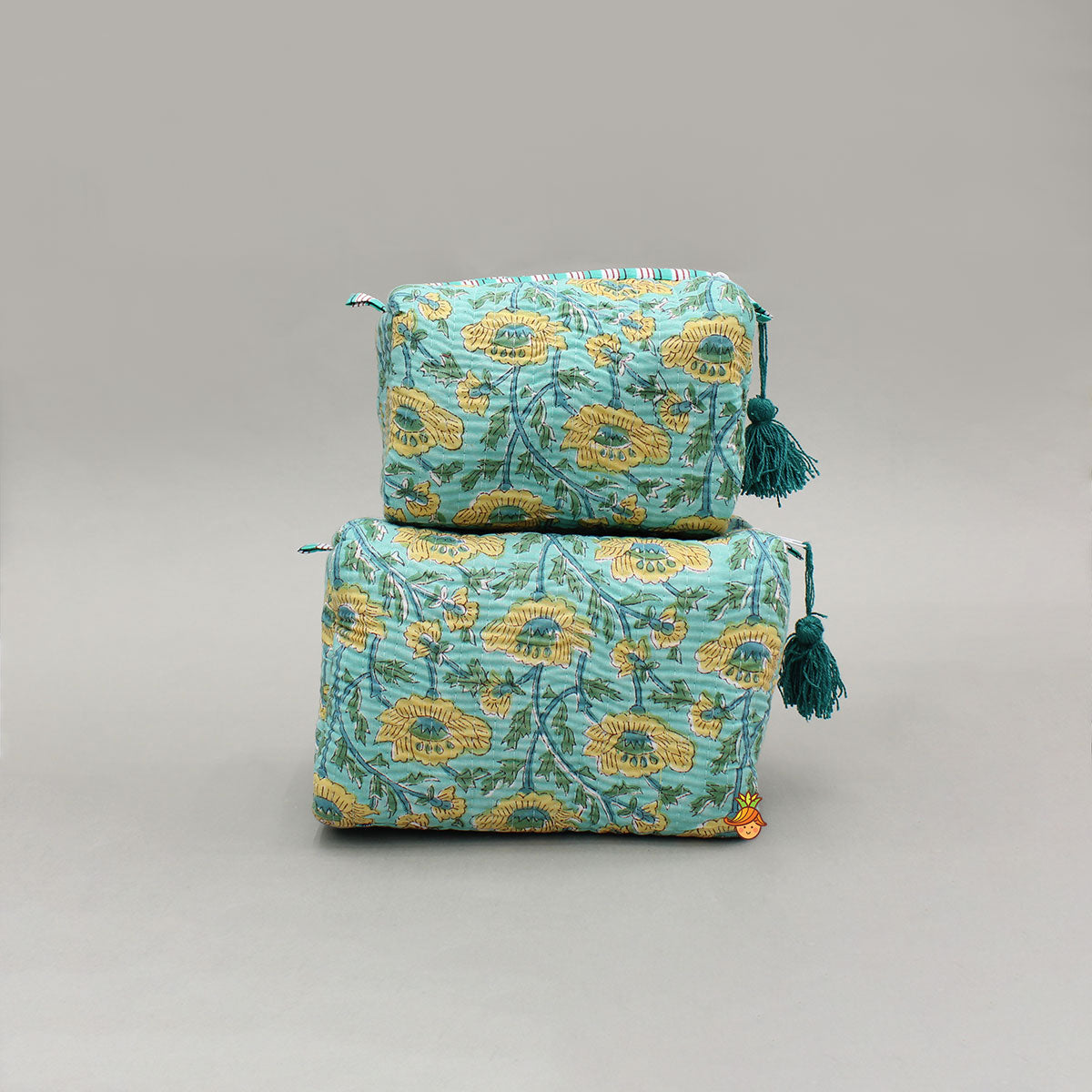 Blooming Flowers Block-Printed Pouch Bags - Set Of 2