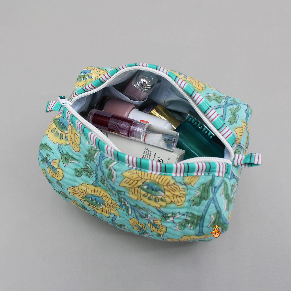 Blooming Flowers Block-Printed Pouch Bags - Set Of 2