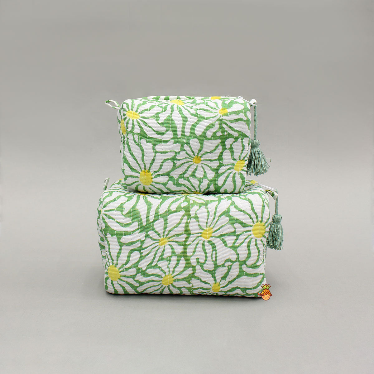 Block Printed Green Pouch Bags - Set Of 2