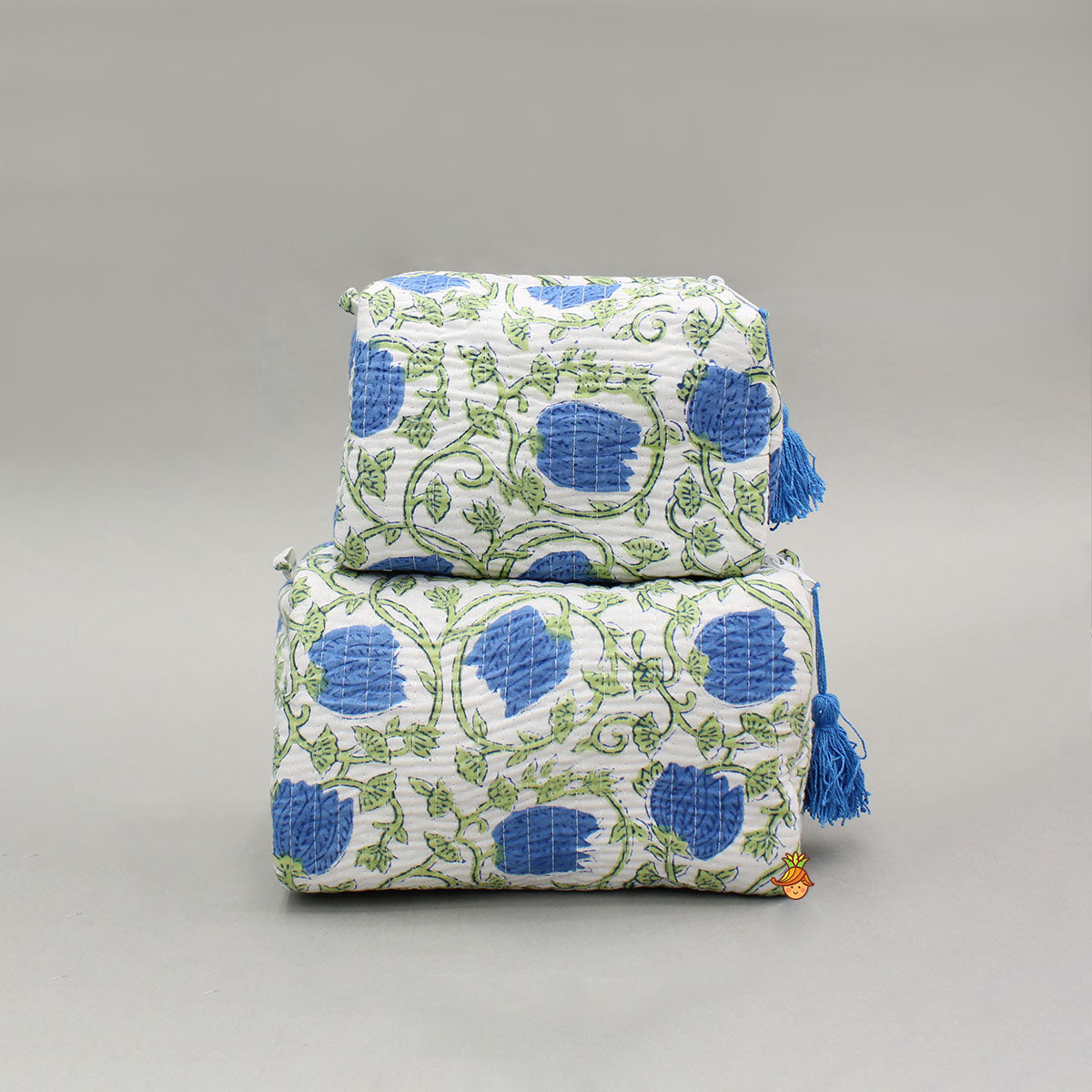 Block-Printed Blue Pouch Bags ? Set Of 2