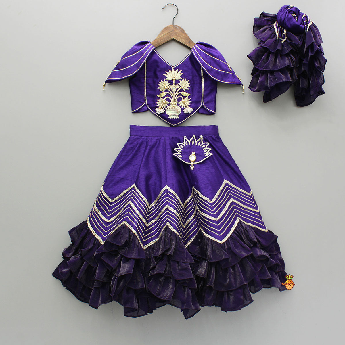 Purple Embroidered Top And Lehenga With Attached Pouch And Dupatta