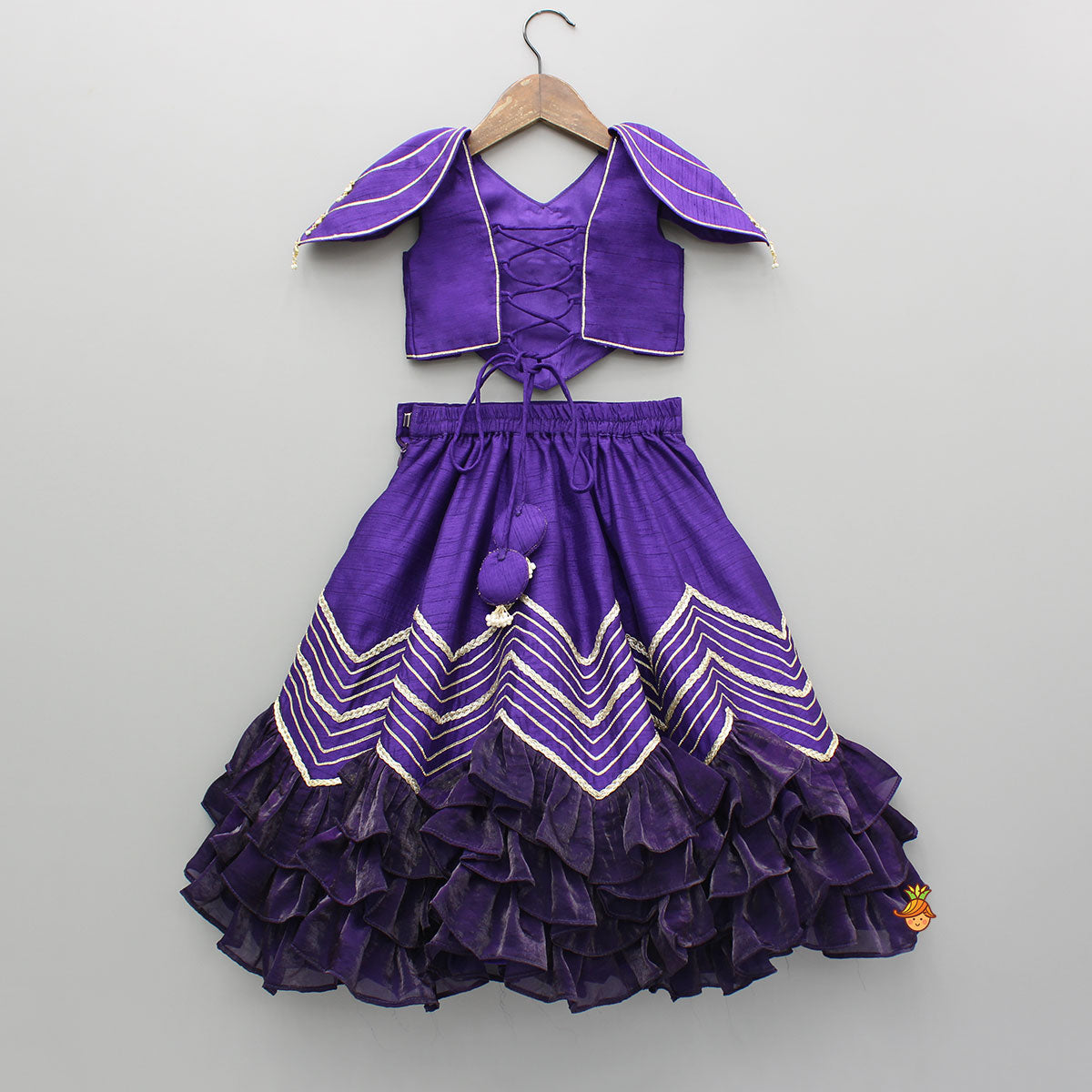 Purple Embroidered Top And Lehenga With Attached Pouch And Dupatta