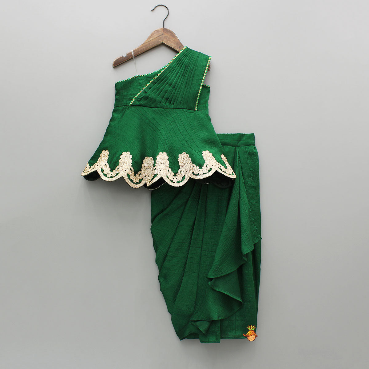 Green Lace Embroidered One Shoulder Top With Attached Pleated Dupatta And Stylish Dhoti Skirt