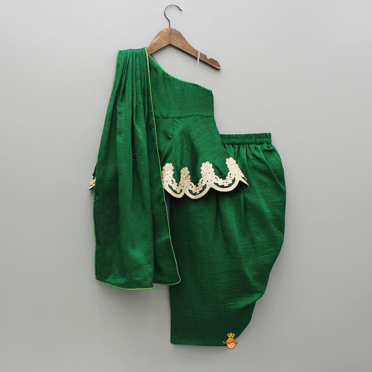 Green Lace Embroidered One Shoulder Top With Attached Pleated Dupatta And Stylish Dhoti Skirt