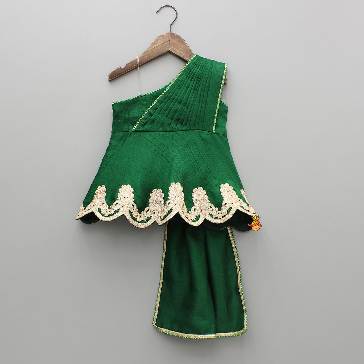 Green Lace Embroidered One Shoulder Top With Attached Pleated Dupatta And Stylish Dhoti Skirt