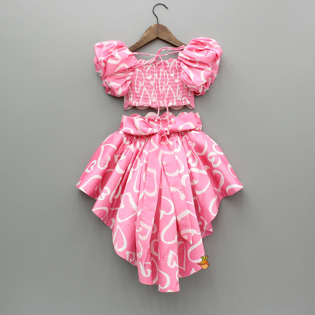 Pink Printed Smocked Top And High Low Skirt With Hairband