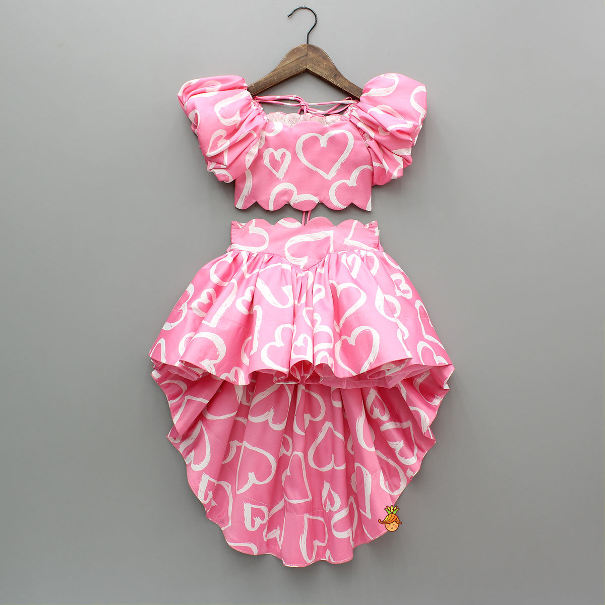 Pink Printed Smocked Top And High Low Skirt With Hairband