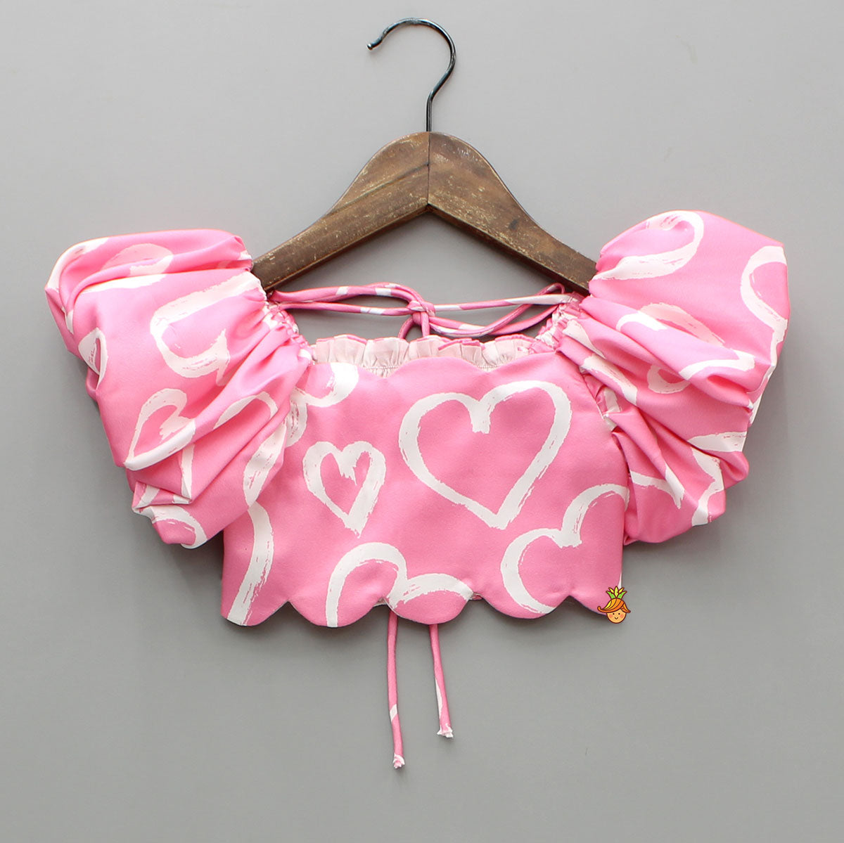 Pink Printed Smocked Top And High Low Skirt With Hairband