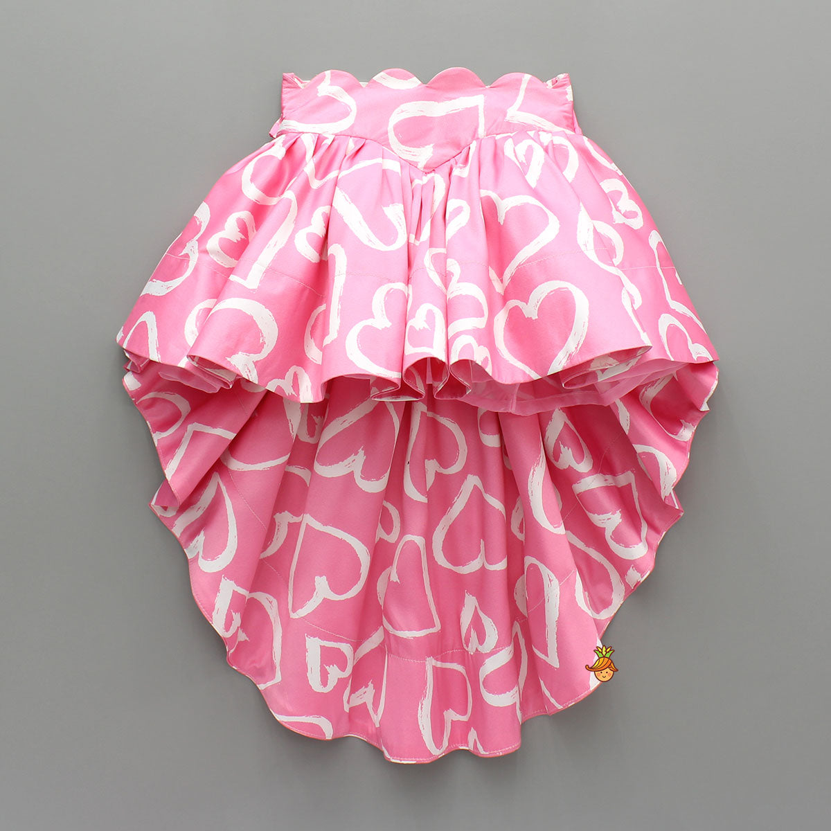 Pink Printed Smocked Top And High Low Skirt With Hairband
