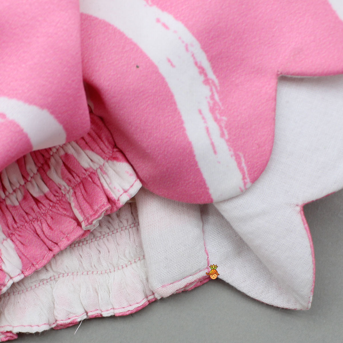 Pink Printed Smocked Top And High Low Skirt With Hairband