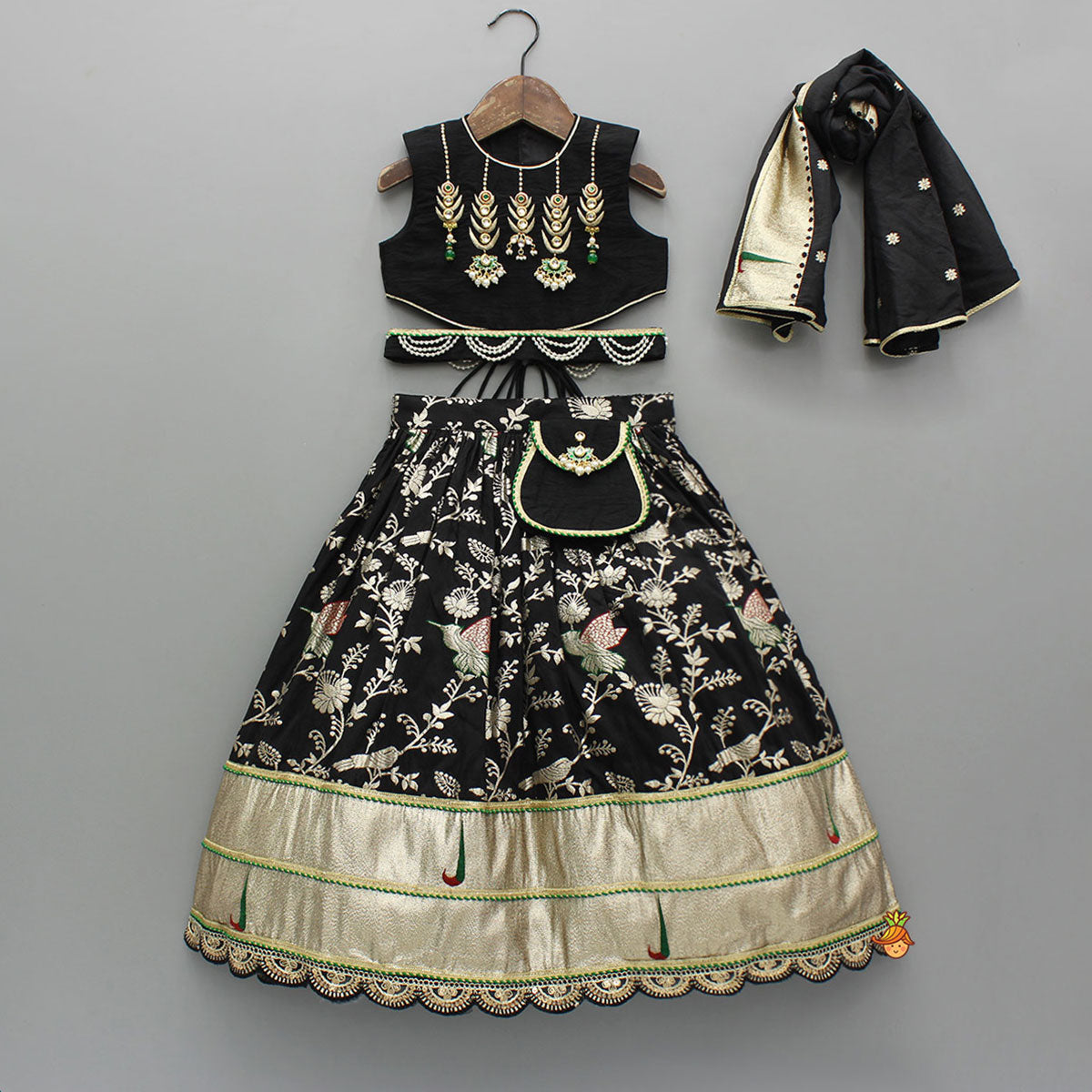 Classy Black Embellished Top And Flared Lehenga With Dupatta And Attached Pouch