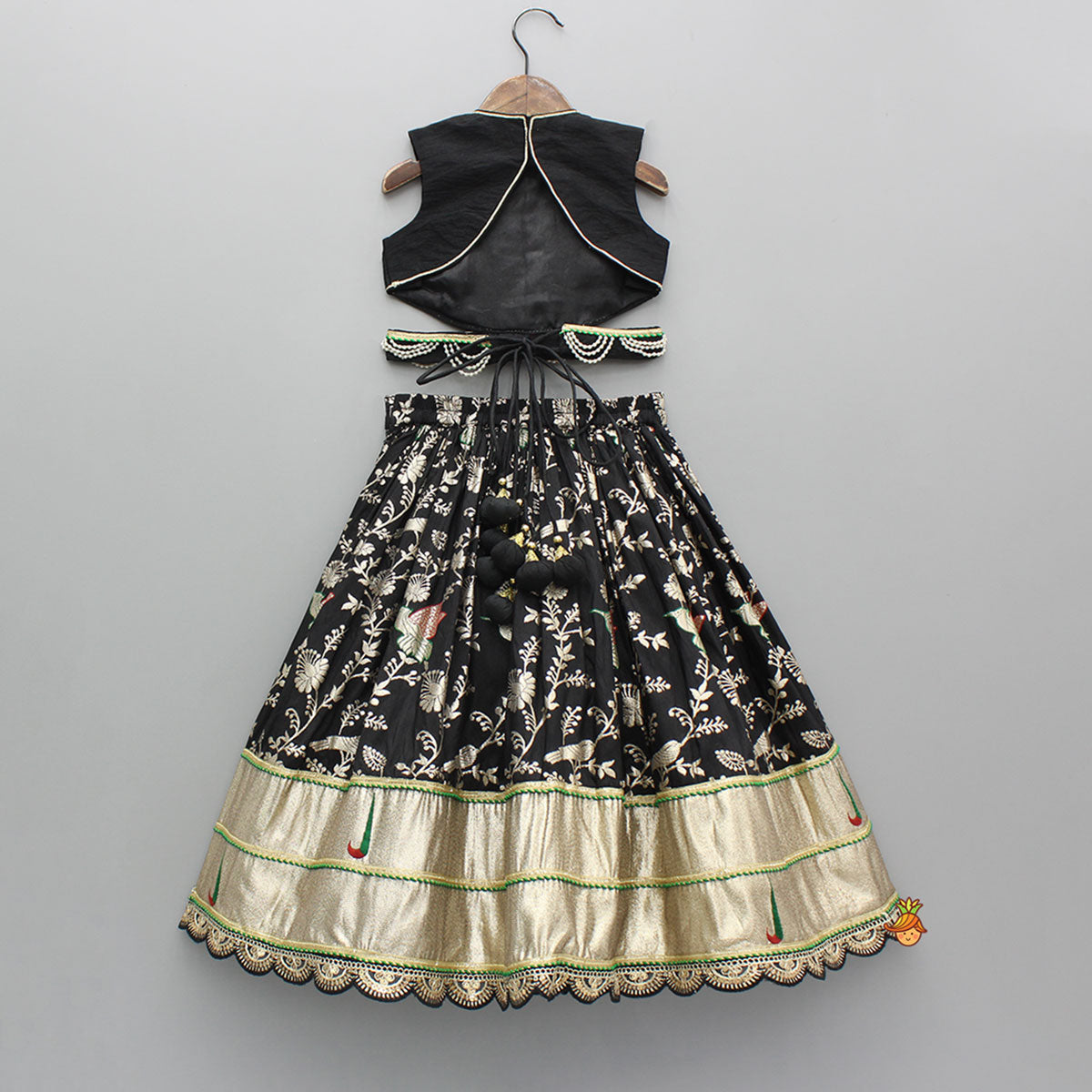 Classy Black Embellished Top And Flared Lehenga With Dupatta And Attached Pouch