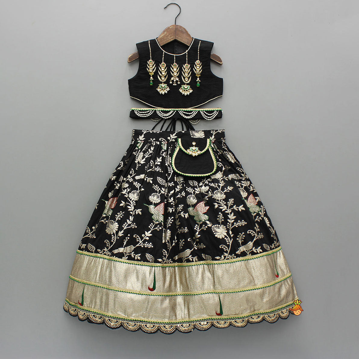 Classy Black Embellished Top And Flared Lehenga With Dupatta And Attached Pouch