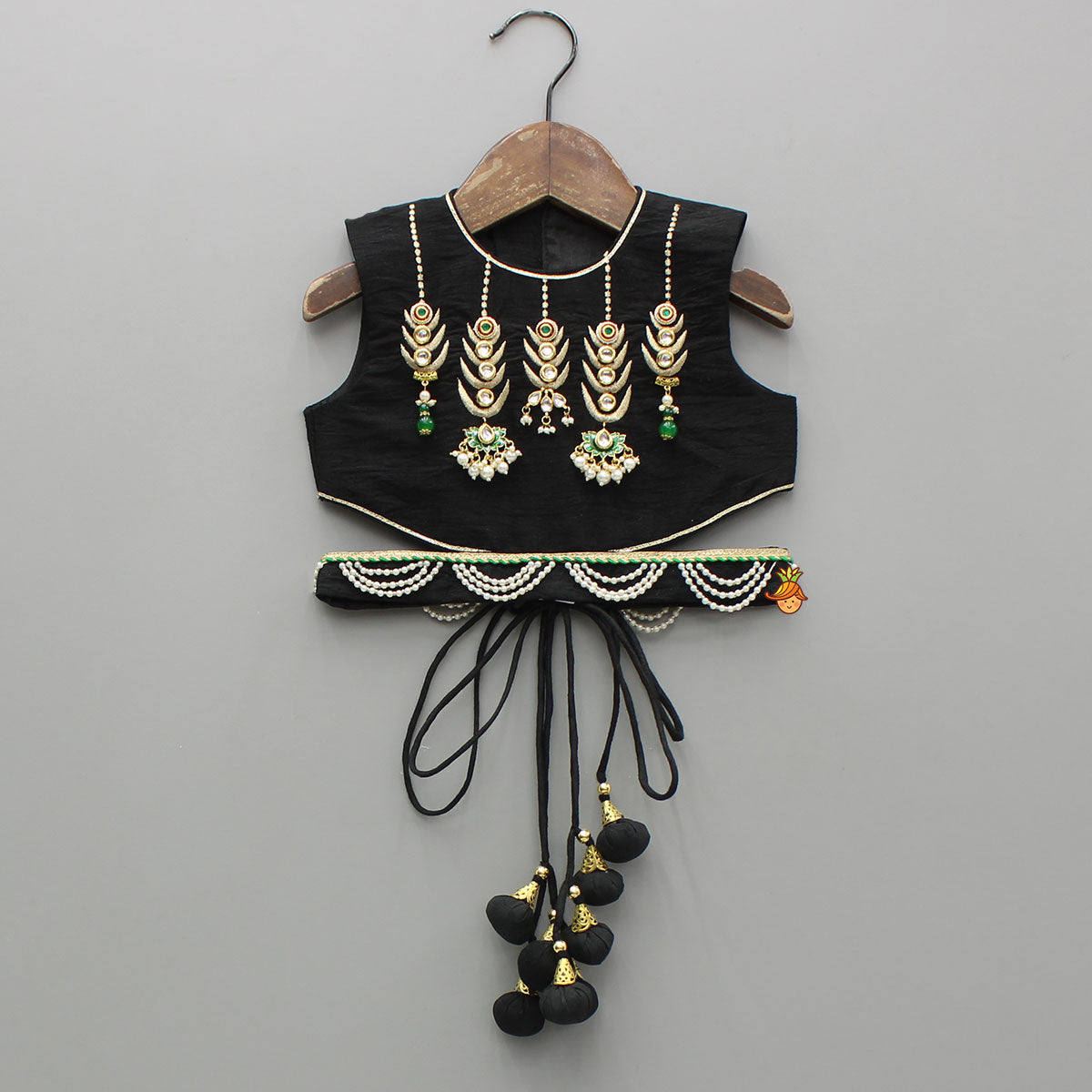 Classy Black Embellished Top And Flared Lehenga With Dupatta And Attached Pouch