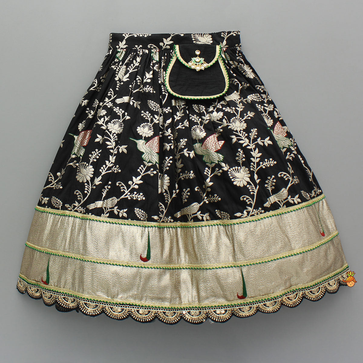 Classy Black Embellished Top And Flared Lehenga With Dupatta And Attached Pouch