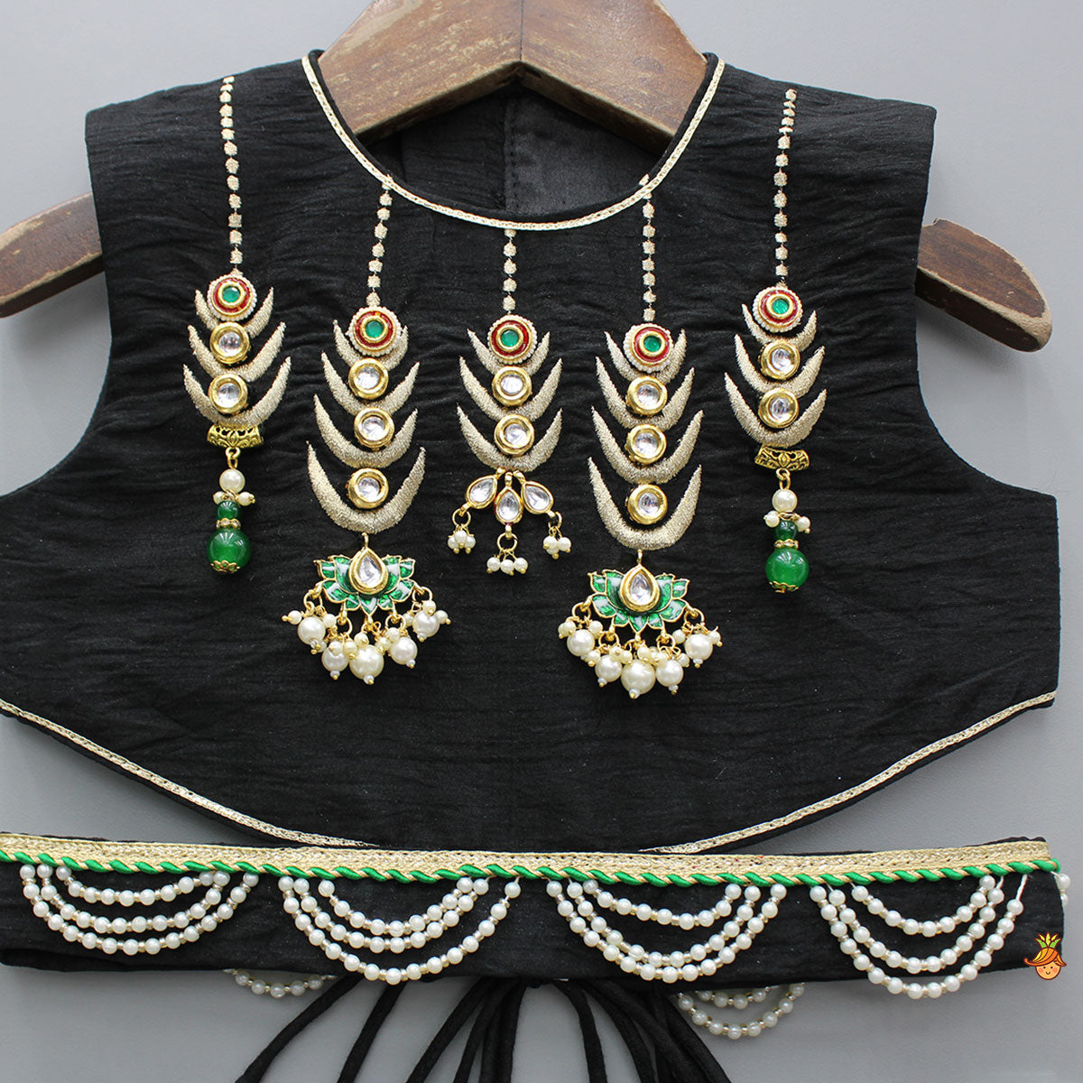 Classy Black Embellished Top And Flared Lehenga With Dupatta And Attached Pouch