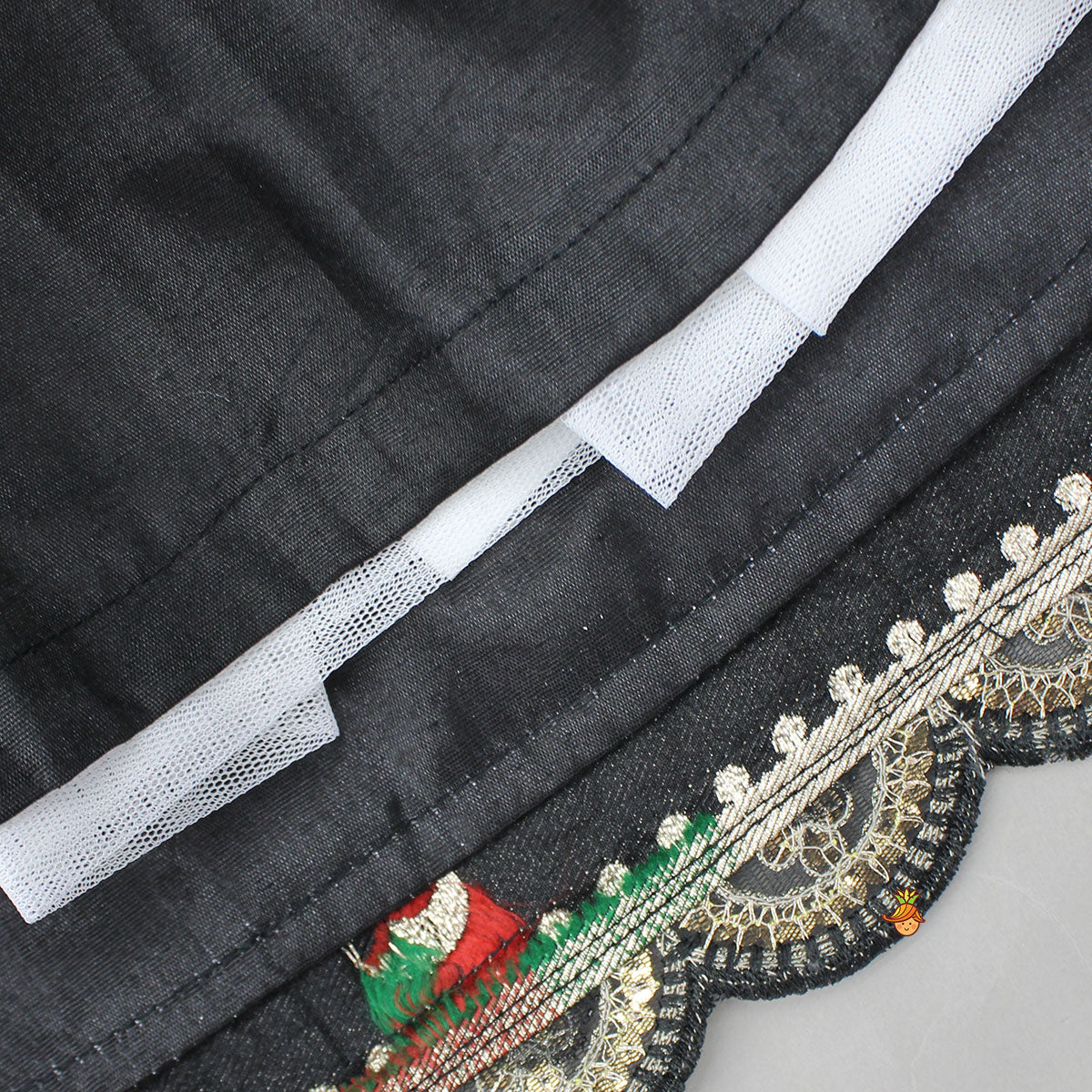 Classy Black Embellished Top And Flared Lehenga With Dupatta And Attached Pouch