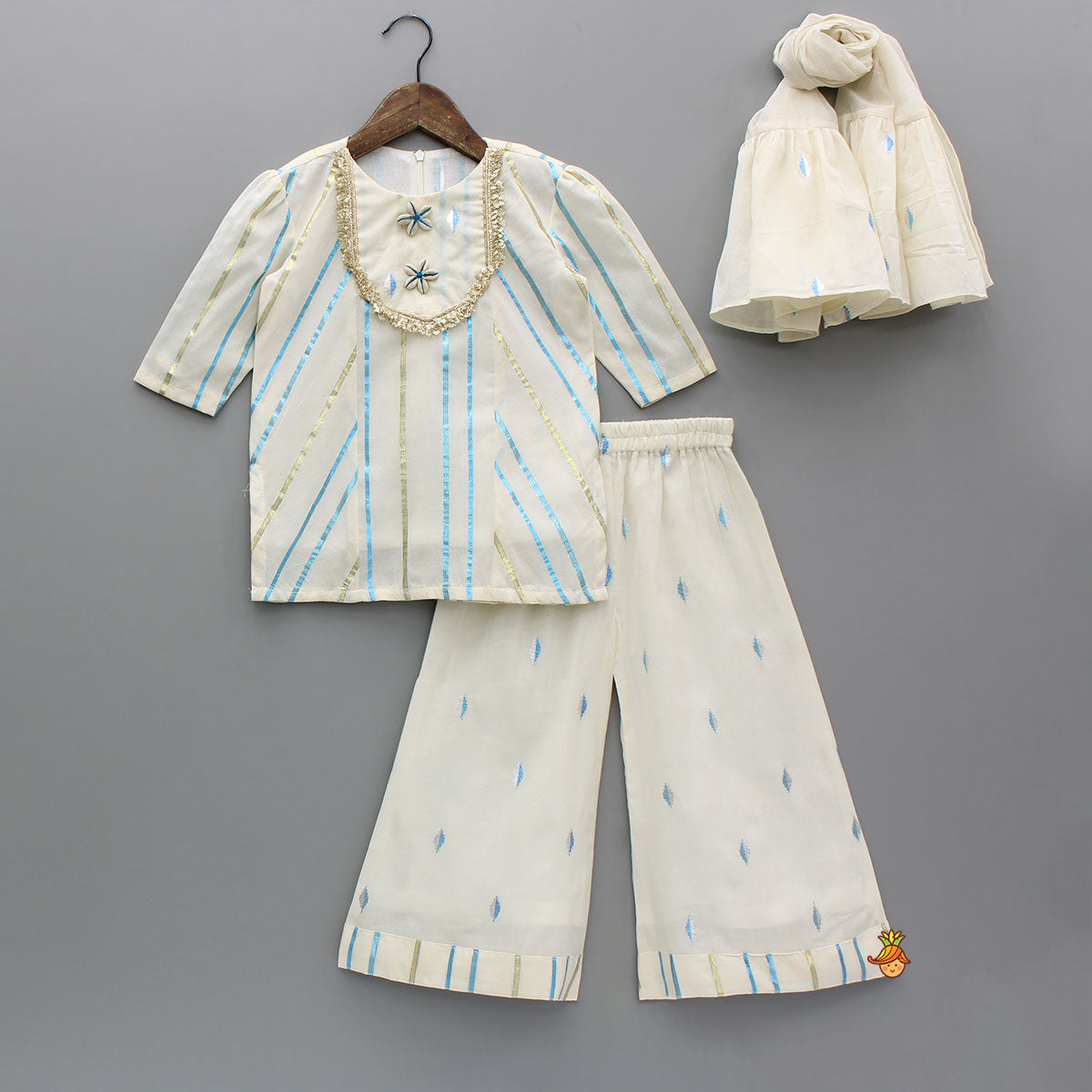 Striped Blue Off White Kurta With Palazzo And Ruffle Dupatta