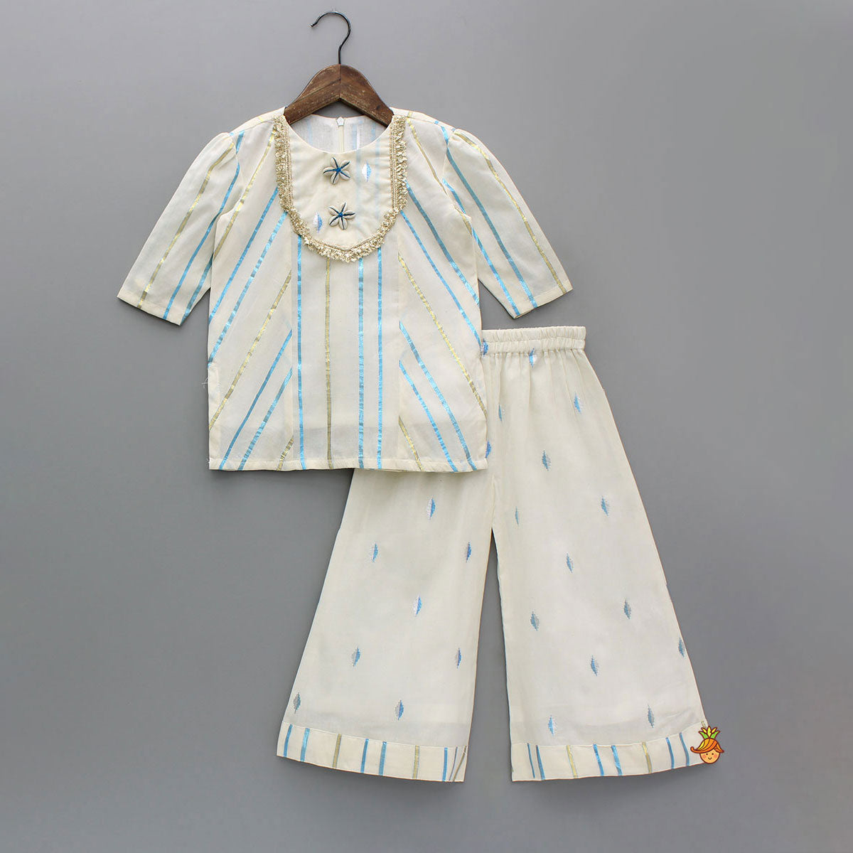 Striped Blue Off White Kurta With Palazzo And Ruffle Dupatta
