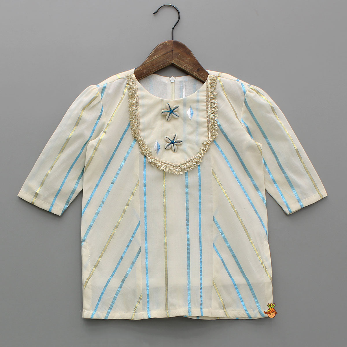 Striped Blue Off White Kurta With Palazzo And Ruffle Dupatta