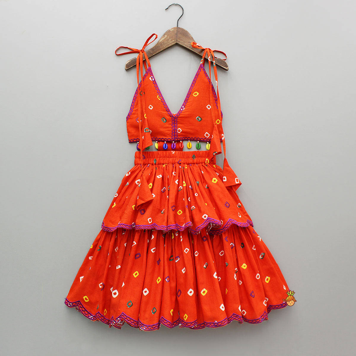 Orange Multicolour Printed Embroidered Tie Up Strappy Top and Layered Lehenga