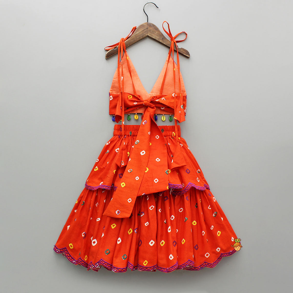 Orange Multicolour Printed Embroidered Tie Up Strappy Top and Layered Lehenga