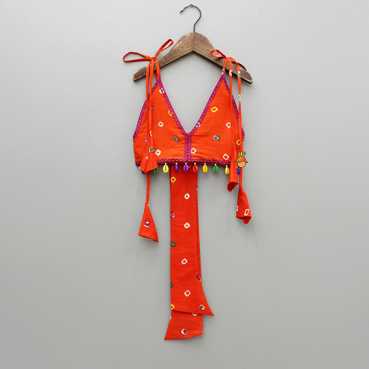 Orange Multicolour Printed Embroidered Tie Up Strappy Top and Layered Lehenga