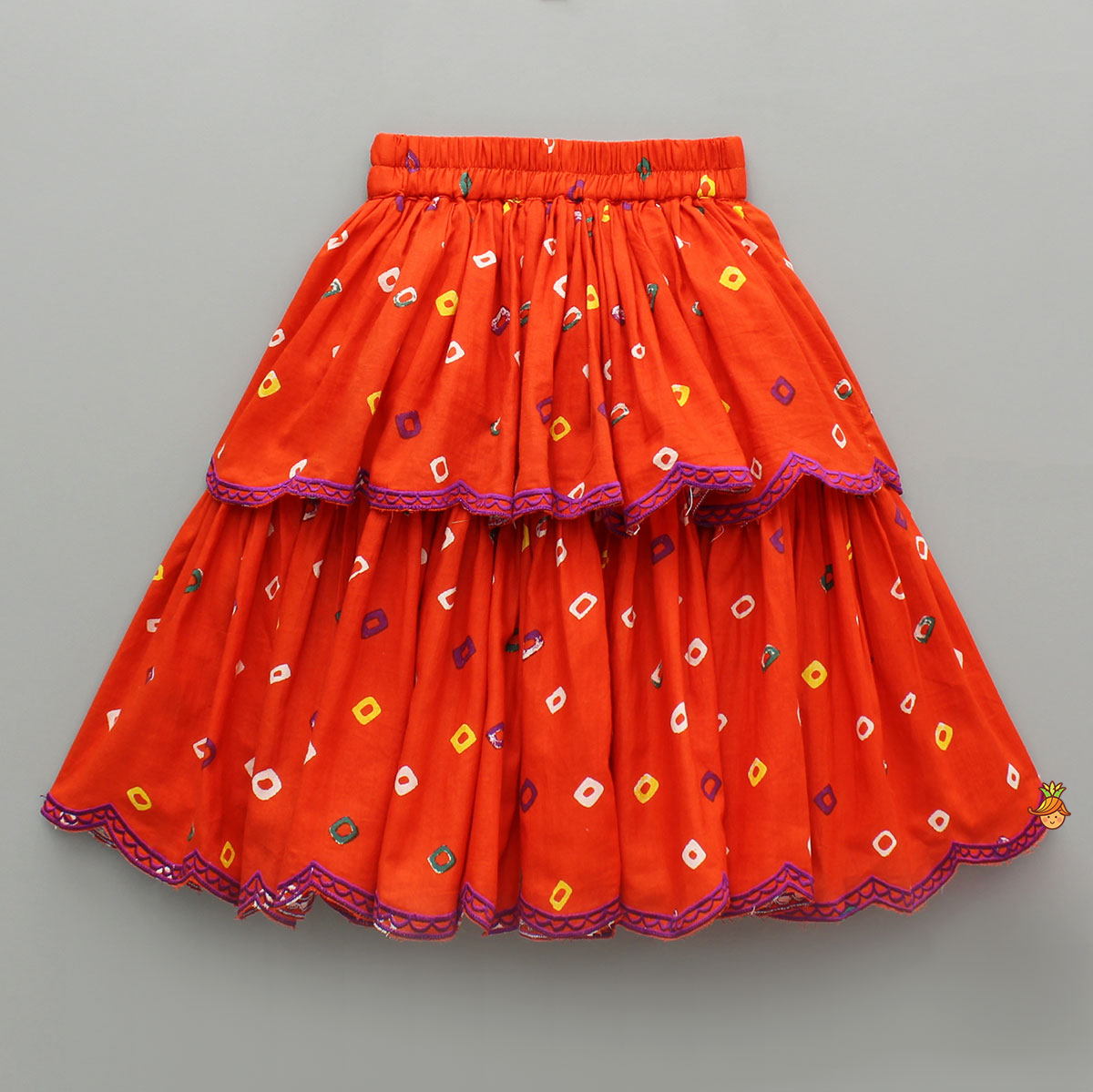 Orange Multicolour Printed Embroidered Tie Up Strappy Top and Layered Lehenga