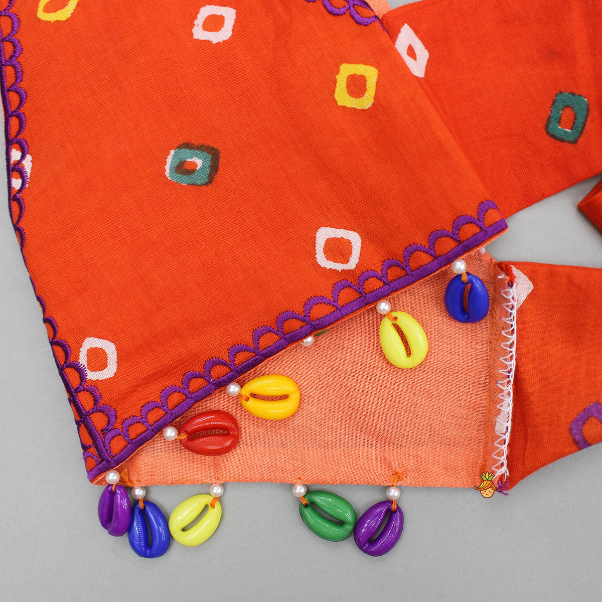 Orange Multicolour Printed Embroidered Tie Up Strappy Top and Layered Lehenga