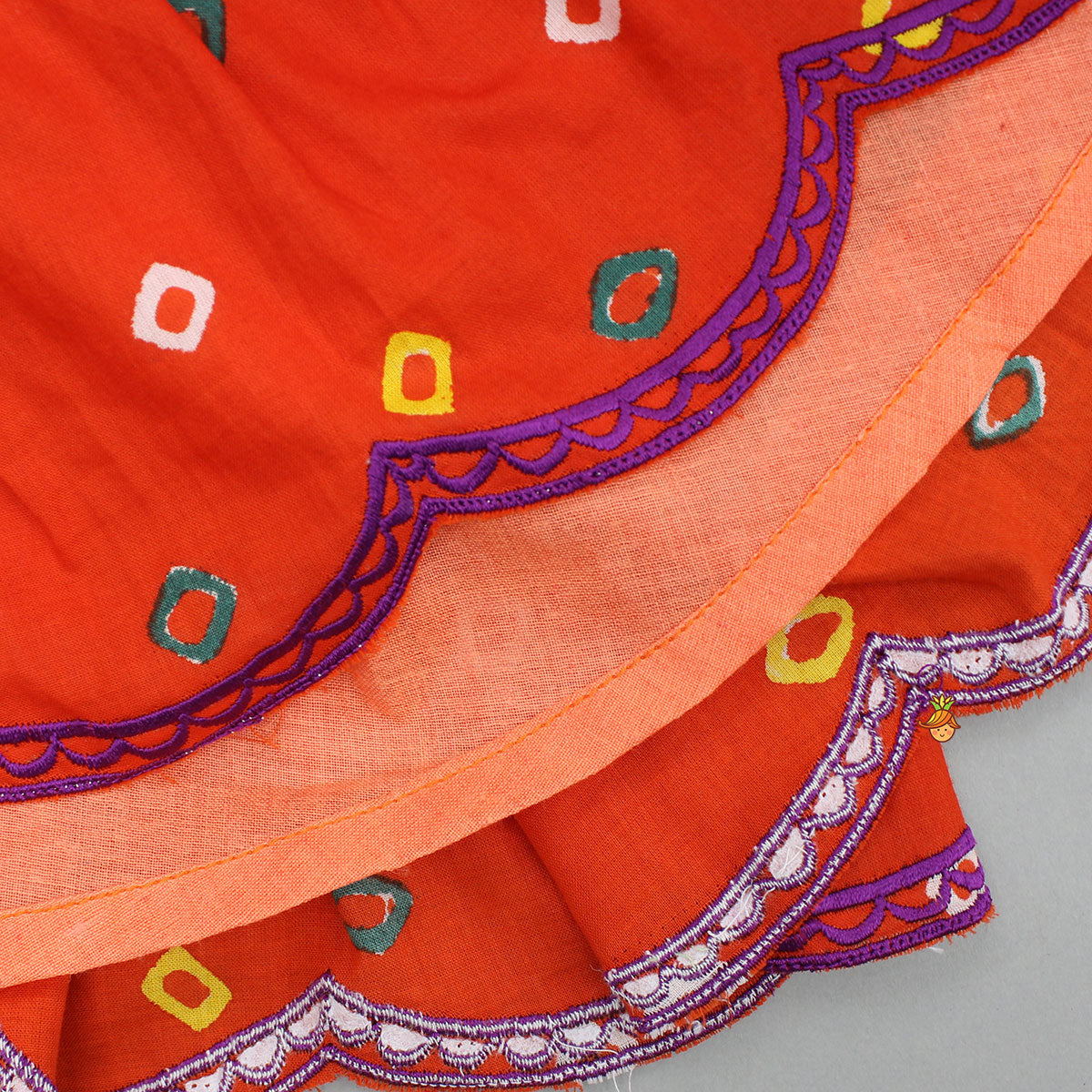 Orange Multicolour Printed Embroidered Tie Up Strappy Top and Layered Lehenga