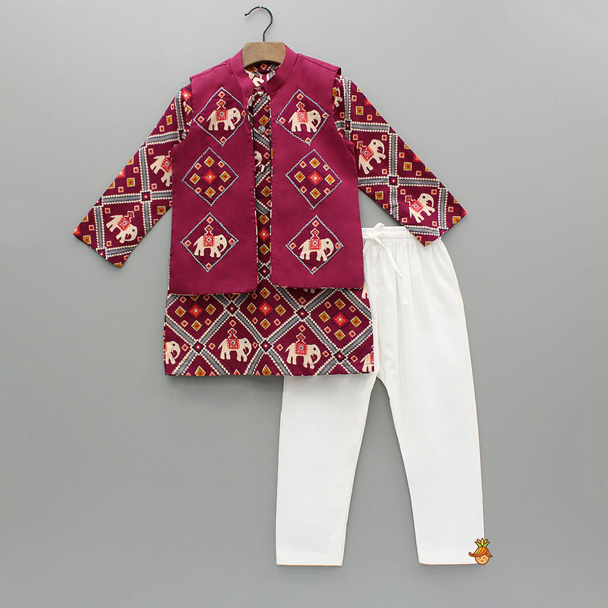 Wine Patola Printed Kurta With Front Open Jacket And Pyjama