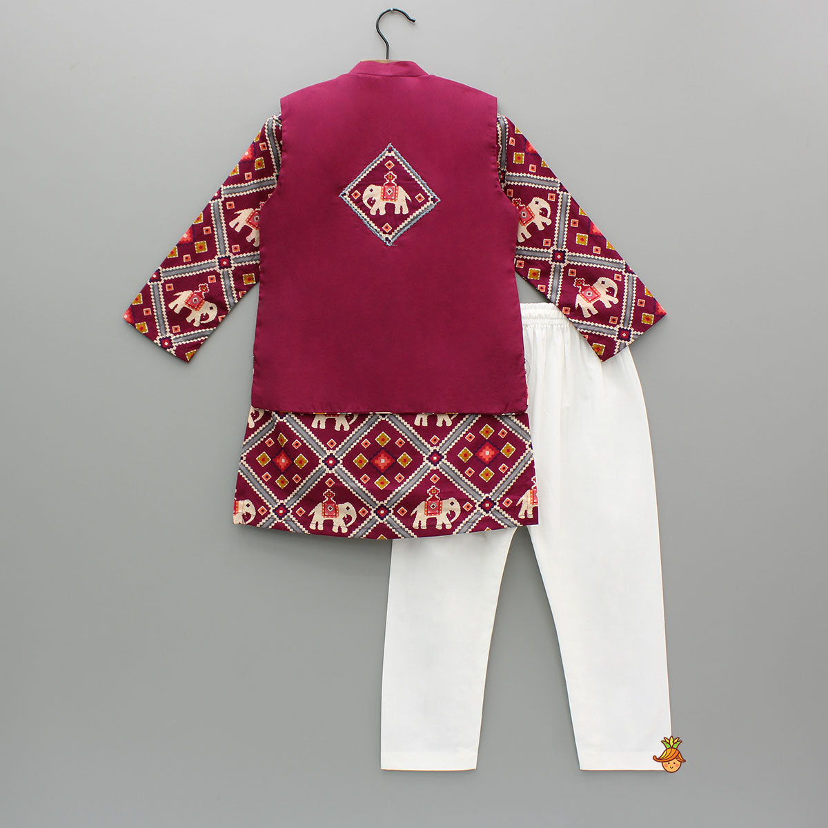 Wine Patola Printed Kurta With Front Open Jacket And Pyjama