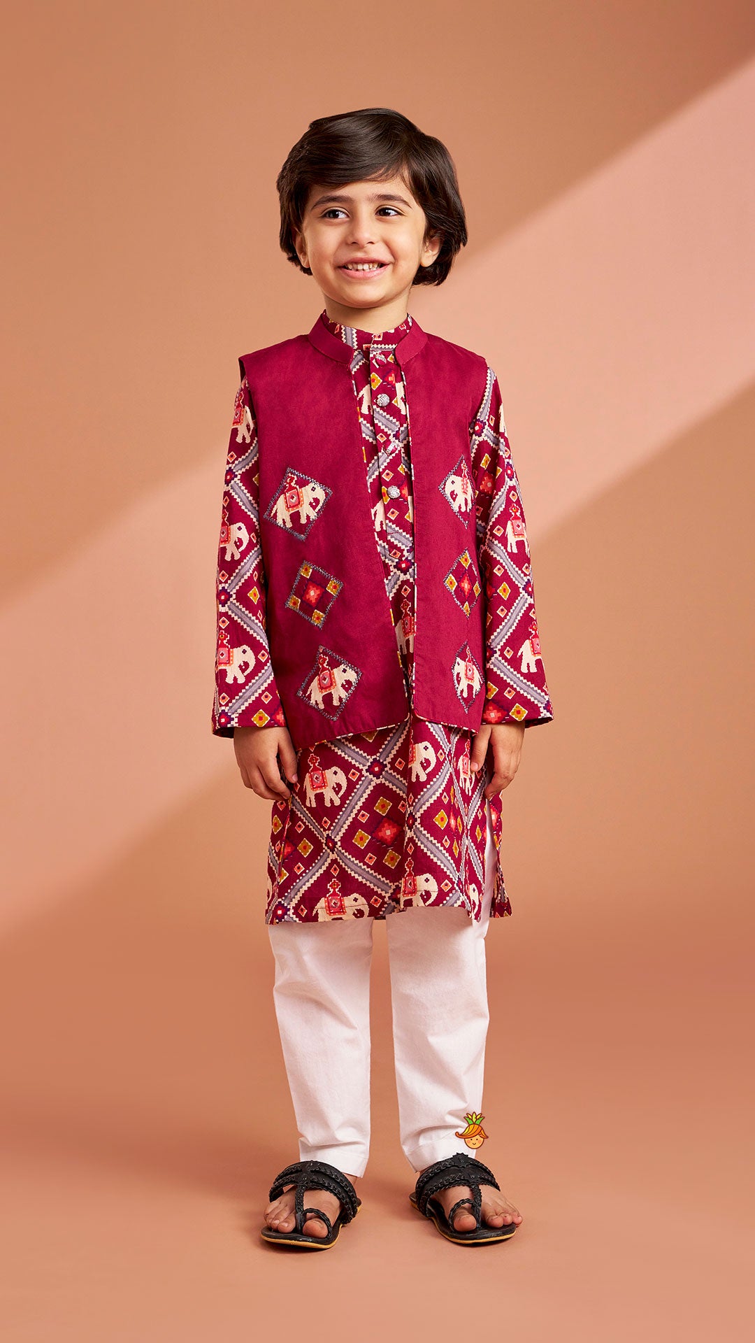 Wine Patola Printed Kurta With Front Open Jacket And Pyjama